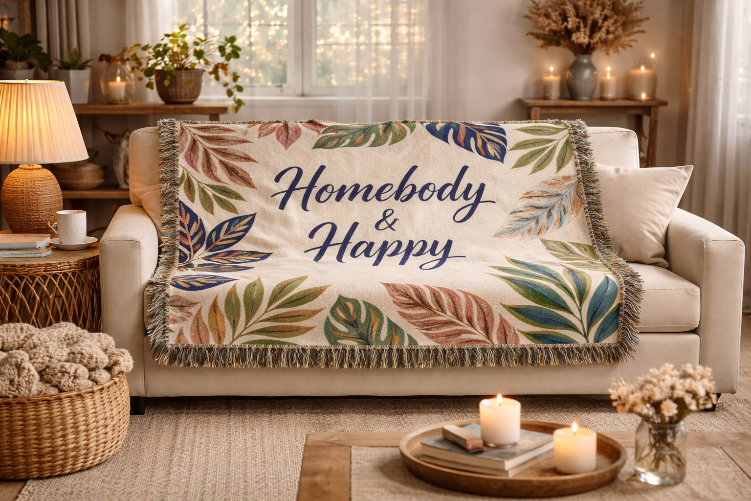Homebody & Happy Woven Blanket — Cozy Leaf Pattern Throw