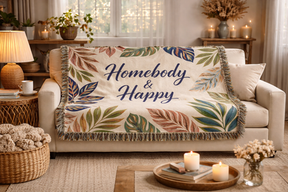 Homebody & Happy Woven Blanket — Cozy Leaf Pattern Throw
