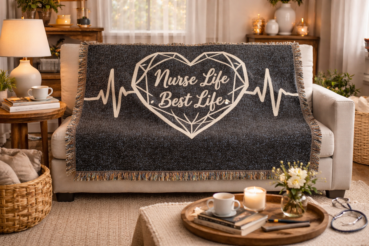Nurse Life Best Life Woven Blanket — Heartbeat ECG Nurse Throw