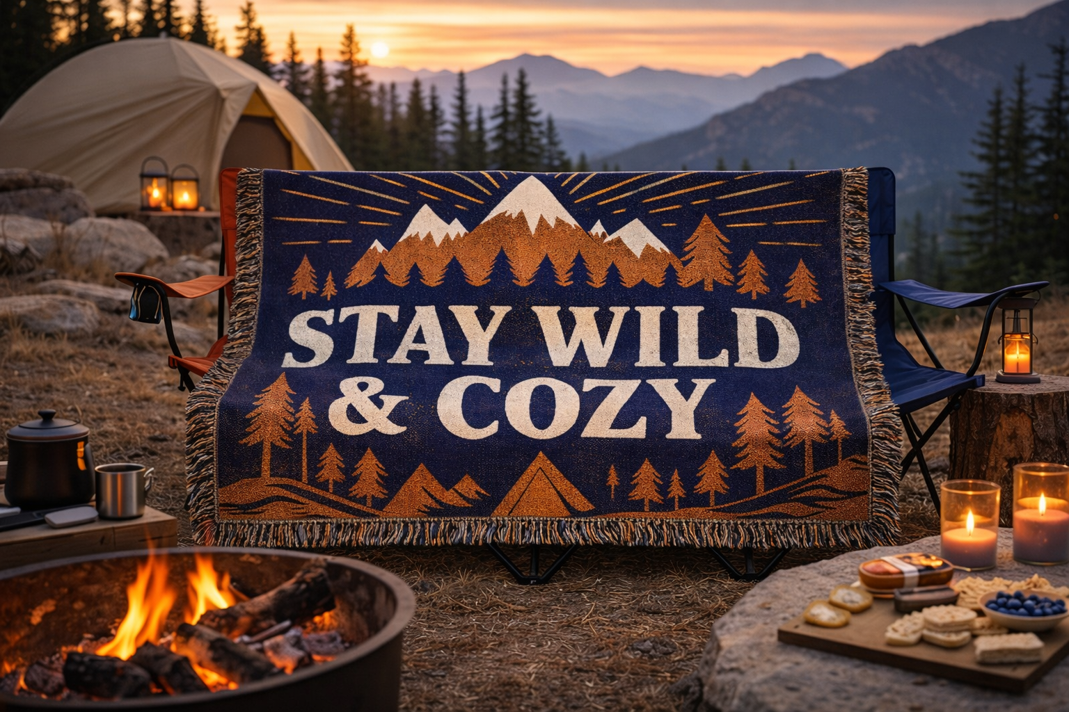 Stay Wild & Cozy Woven Blanket — Mountain Camping Throw