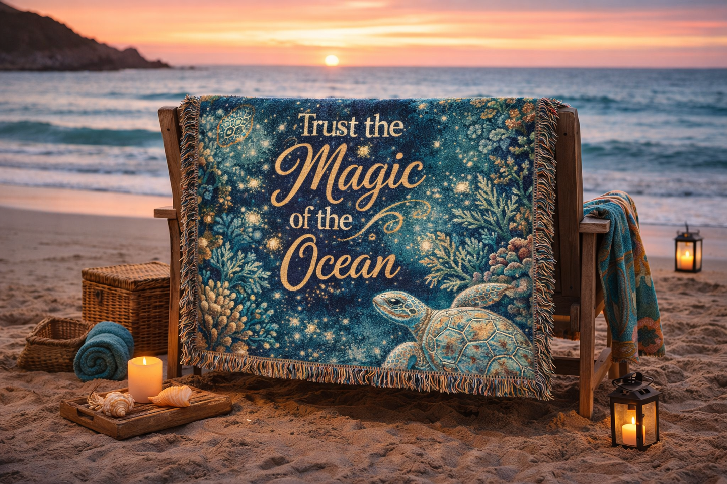 Woven Blanket — “Trust the Magic of the Ocean” Nautical Cozy Throw