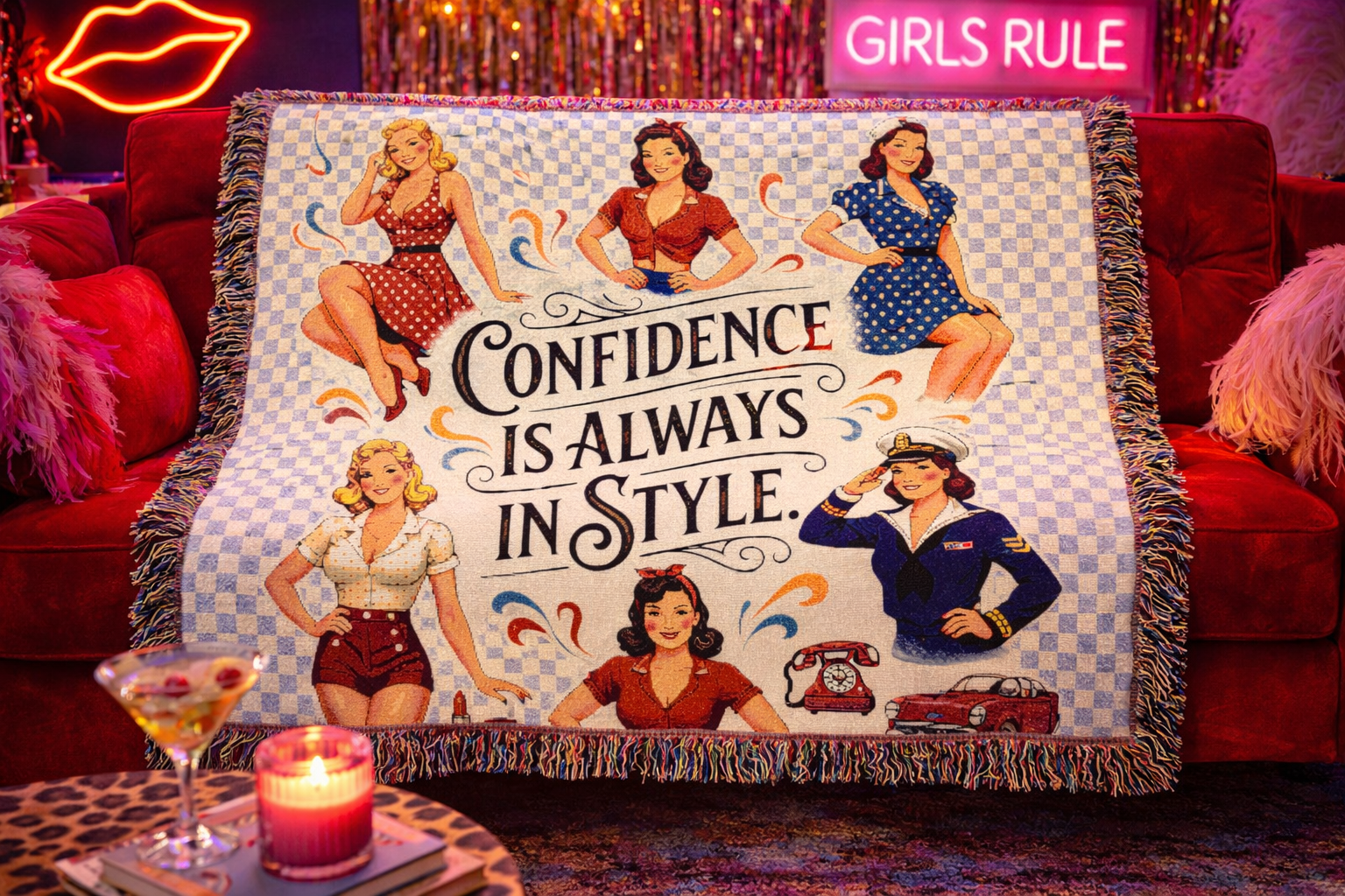Woven Blanket — "Confidence Is Always in Style" Retro Pinup Throw