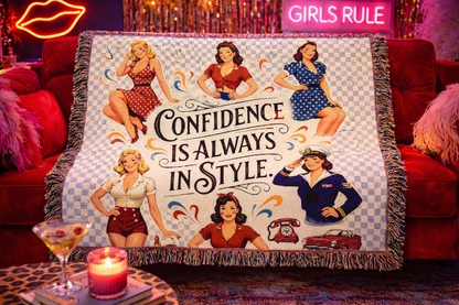 Woven Blanket — "Confidence Is Always in Style" Retro Pinup Throw