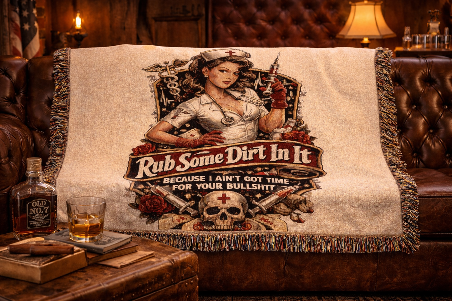 Nurse Pin-Up Woven Blanket — Retro Medical Patch Throw