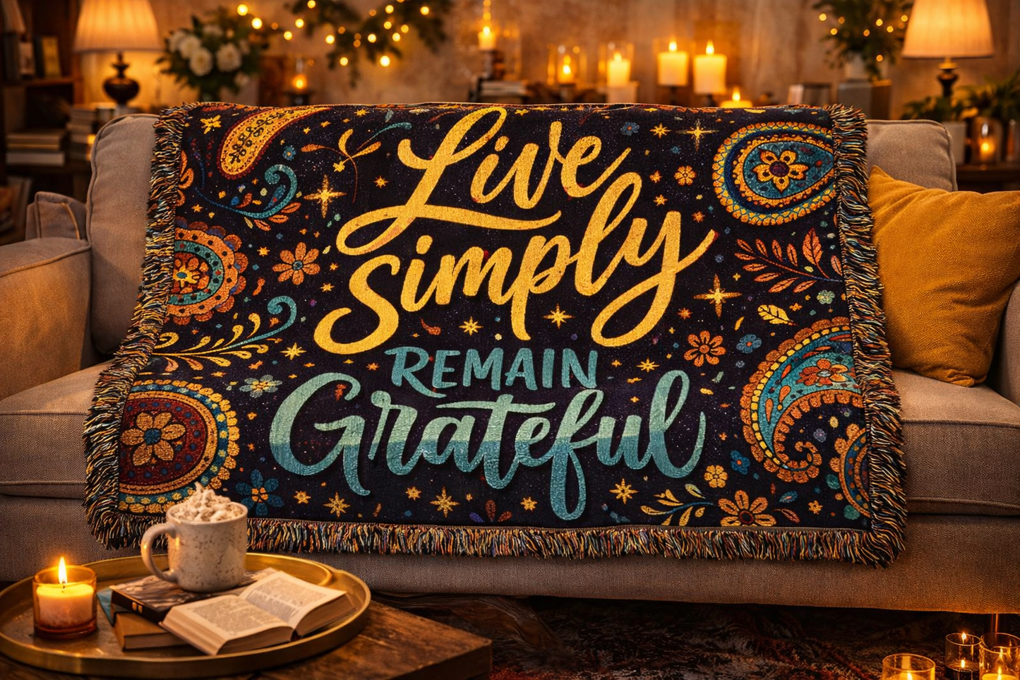 Live Simply Remain Grateful Woven Blanket — Inspirational Boho Throw