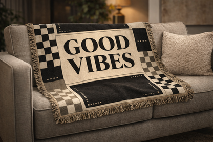 Good Vibes Woven Blanket — Cozy Retro Throw for Living Room & Dorm