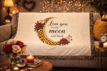 Love You to the Moon Woven Blanket — Cozy Floral Crescent Moon Throw