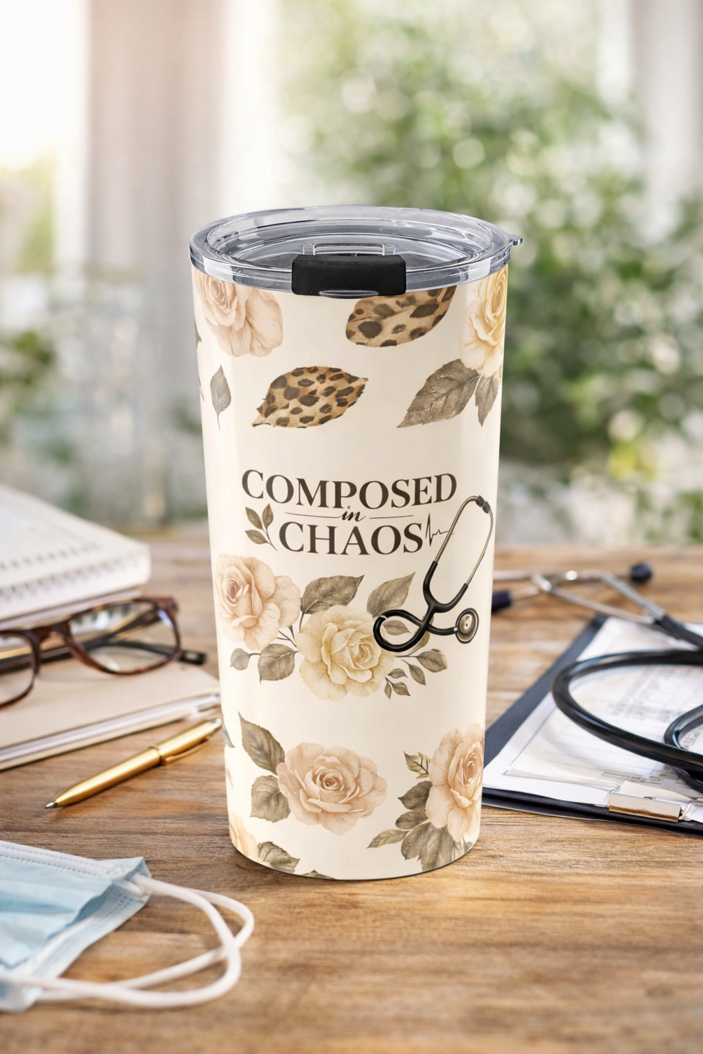 Composed in Chaos 20oz Floral Tumbler — Leopard Rose Insulated Travel Cup