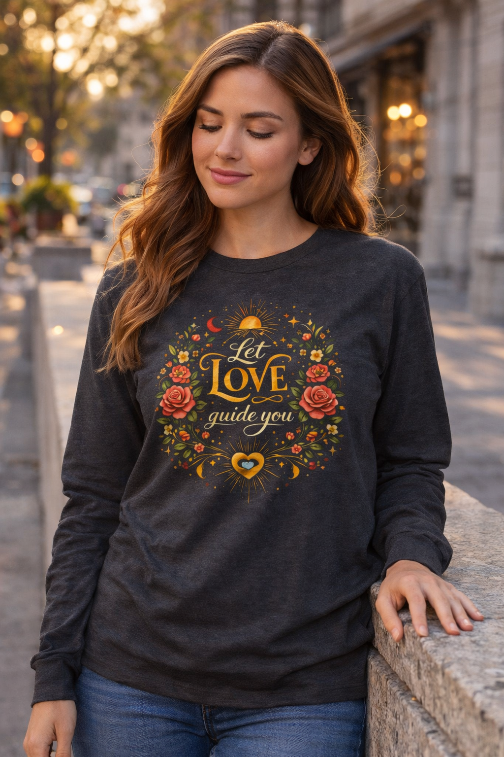 Long Sleeve Tee — "Let Love Guide You" Floral Heart Design