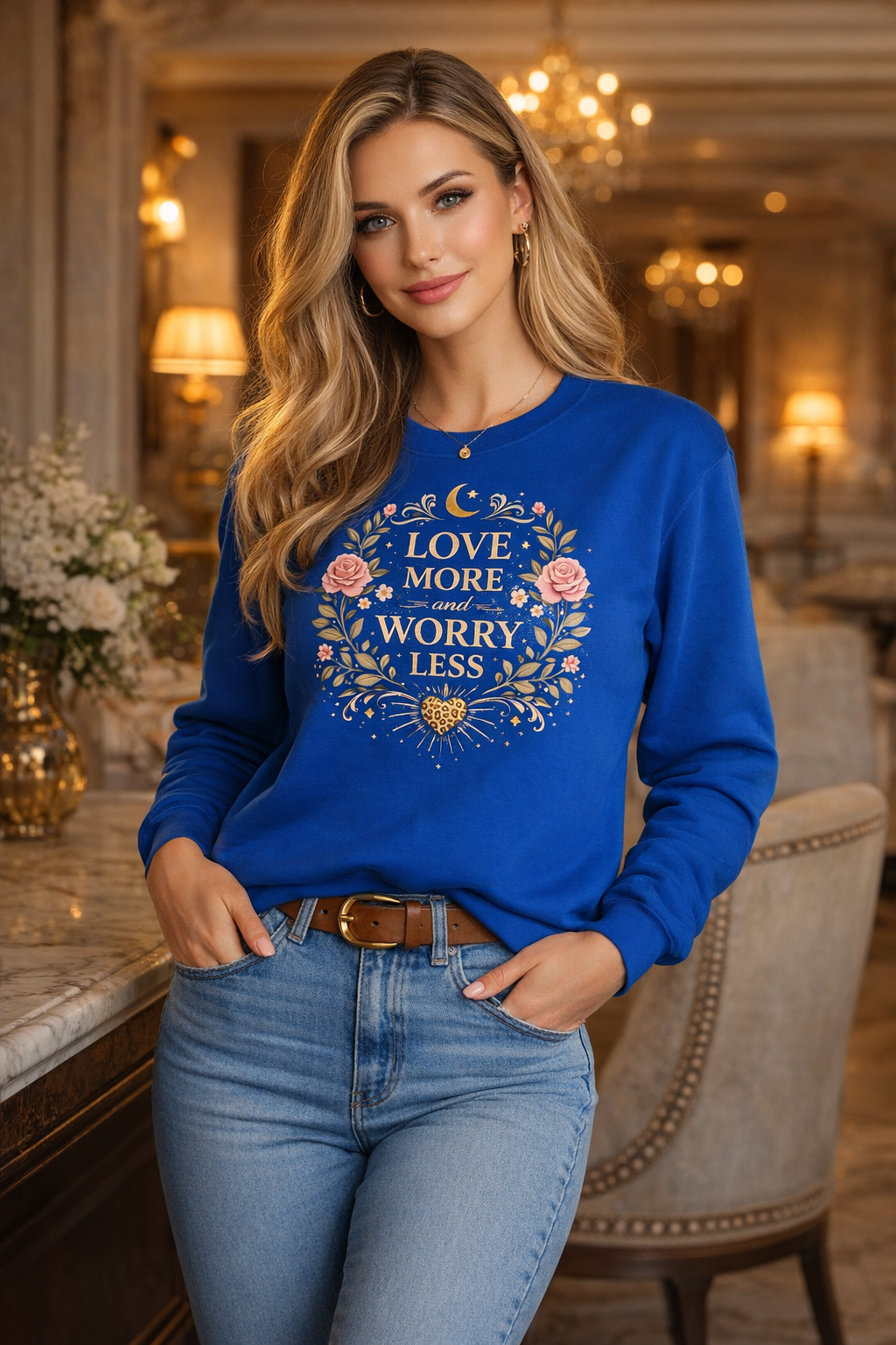 Long Sleeve Tee — "Love More Worry Less" Floral Inspirational Shirt