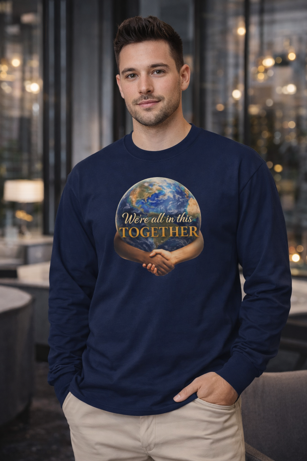 Together We Rise Long Sleeve Tee — Earth & Hand Unity Graphic