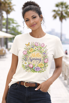 Hello Spring Floral Tee — Women's Spring Flower Wreath T-Shirt
