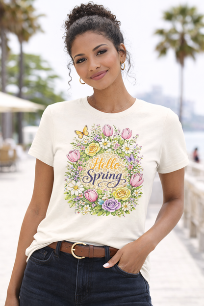 Hello Spring Floral Tee — Women's Spring Flower Wreath T-Shirt