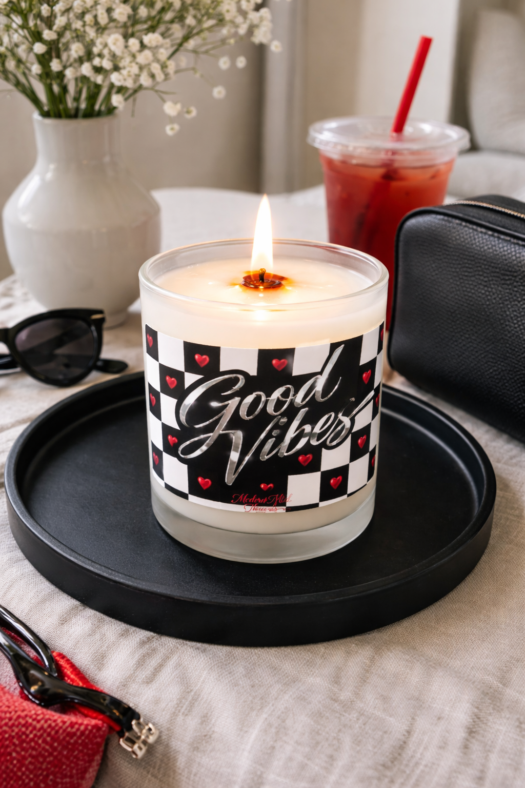 Good Vibes Frosted Glass Candle — 11oz Checkerboard Heart Scented Candle