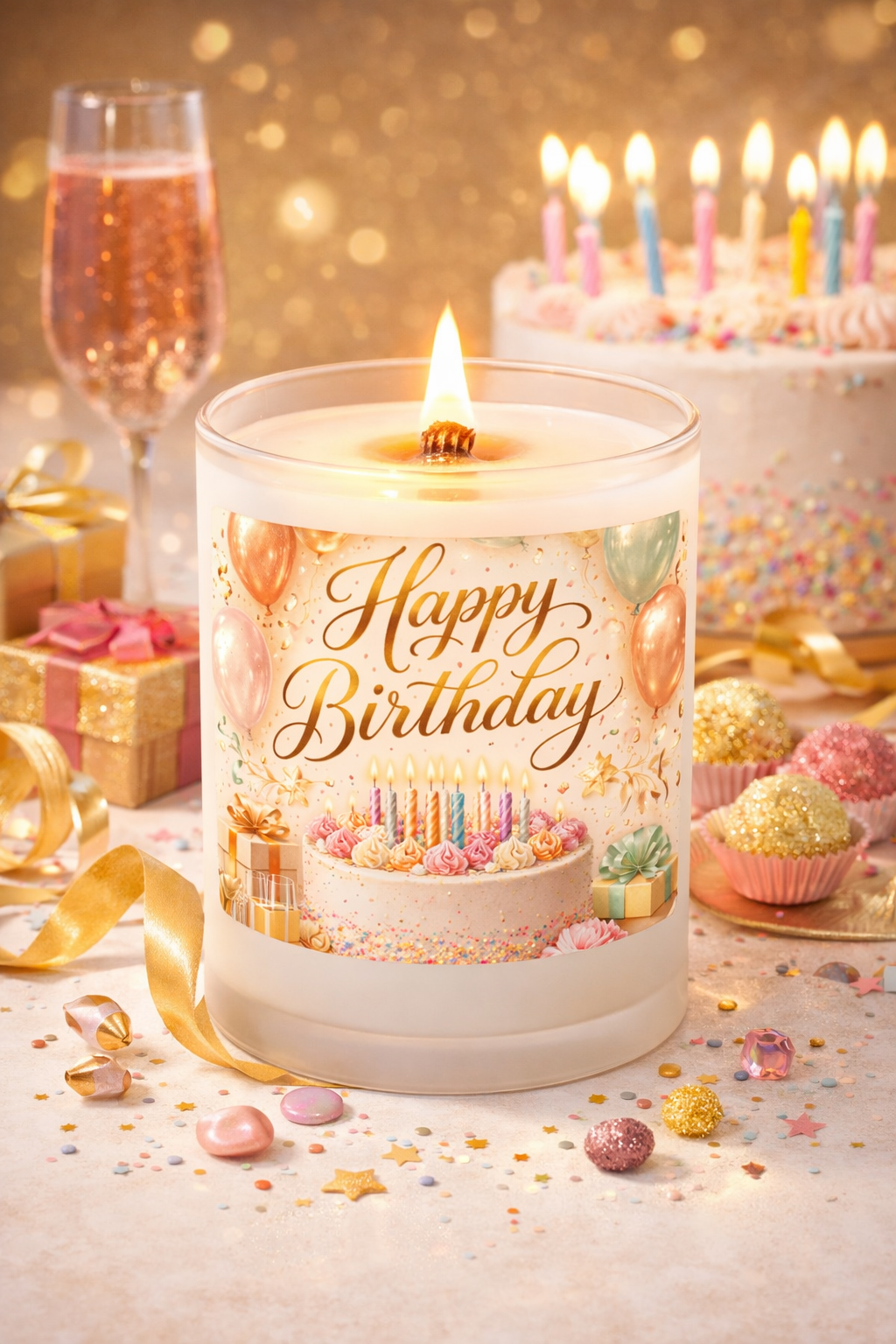 Birthday Frosted Glass Candle — "Happy Birthday" Celebration Scented Candle, 11 oz