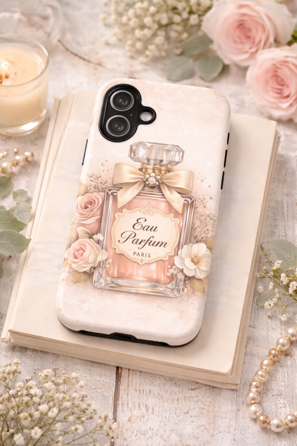 Perfume Bottle Floral Phone Case — 'Eau Parfum' Elegant Pink Protective Case