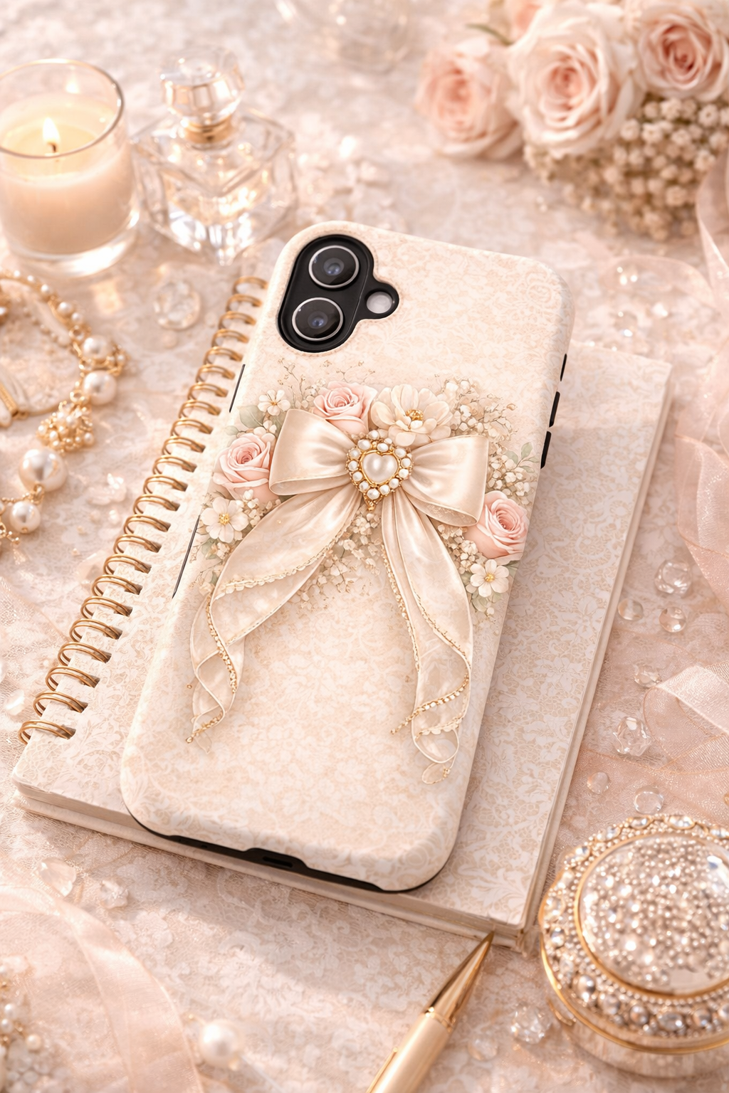 Vintage Pearl Bow Phone Case — Romantic Floral iPhone Cover