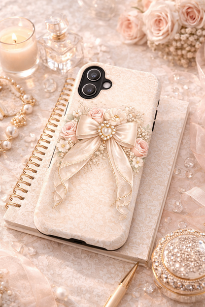 Vintage Pearl Bow Phone Case — Romantic Floral iPhone Cover