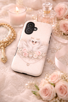 Swan Heart Tough Phone Case — Romantic Pearl & Rose Protective Cover
