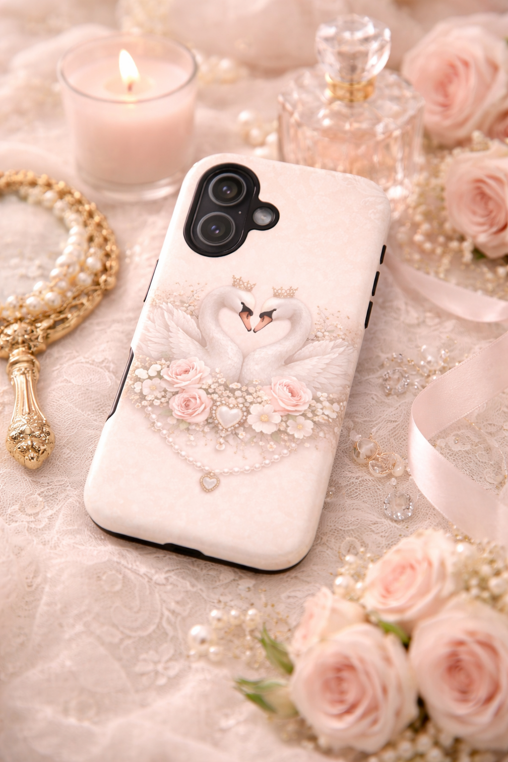 Swan Heart Tough Phone Case — Romantic Pearl & Rose Protective Cover
