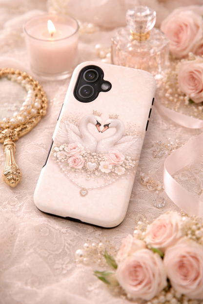 Swan Heart Tough Phone Case — Romantic Pearl & Rose Protective Cover