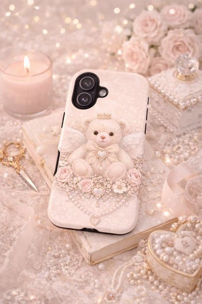 Teddy Angel Phone Case — Cute Crowned Bear with Wings & Floral Heart Design