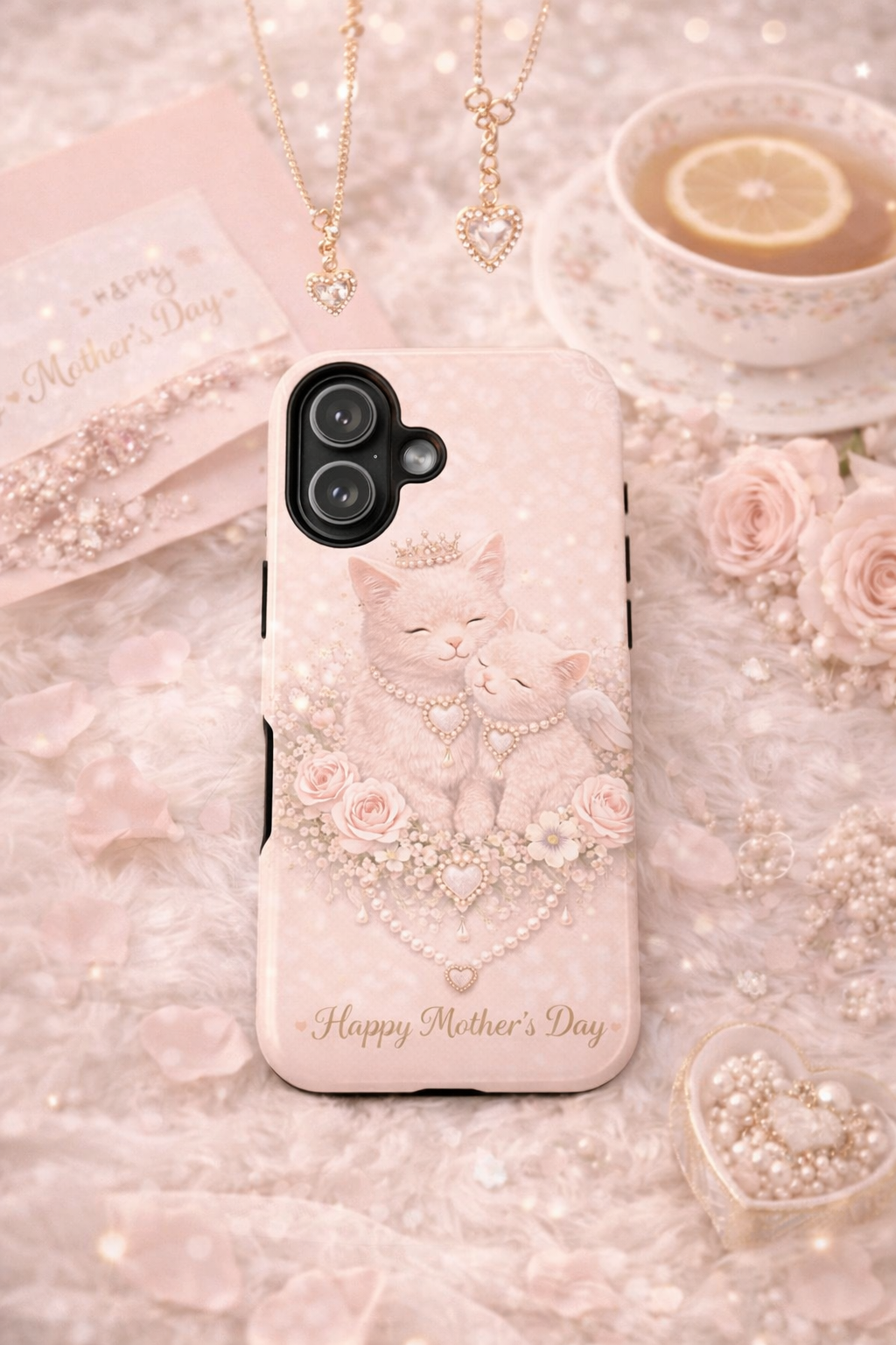 Phone Case — Pink 'Happy Mother's Day' Cute Cat Mom & Kitten Floral Design