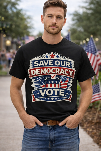 Save Our Democracy Vote T-Shirt — Patriotic Election Voter Awareness Tee