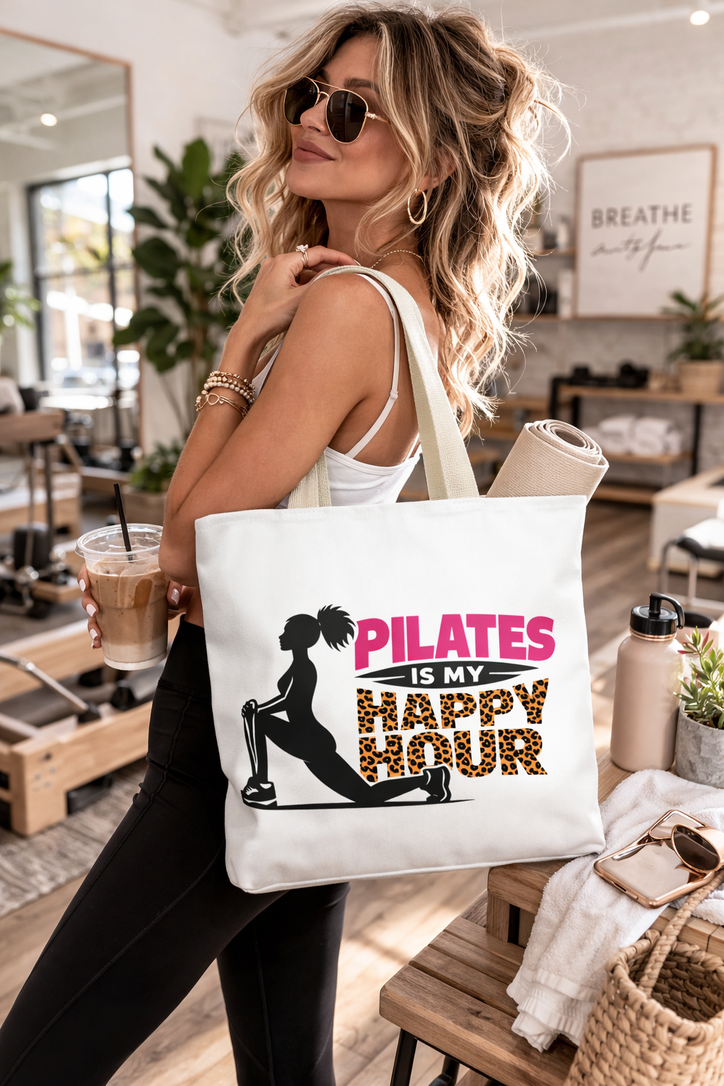 Pilates Is My Happy Hour Tote Bag — Funny Fitness Yoga Workout Tote