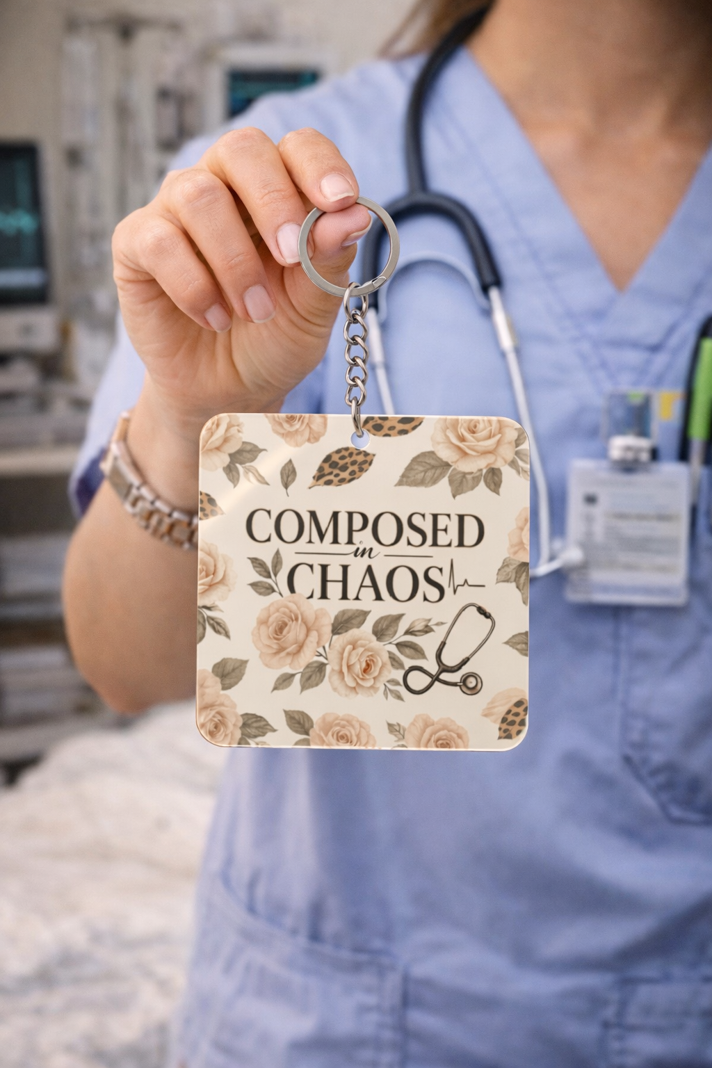 Composed in Chaos Floral Nurse Keychain — Square Inspirational Medical Keyring
