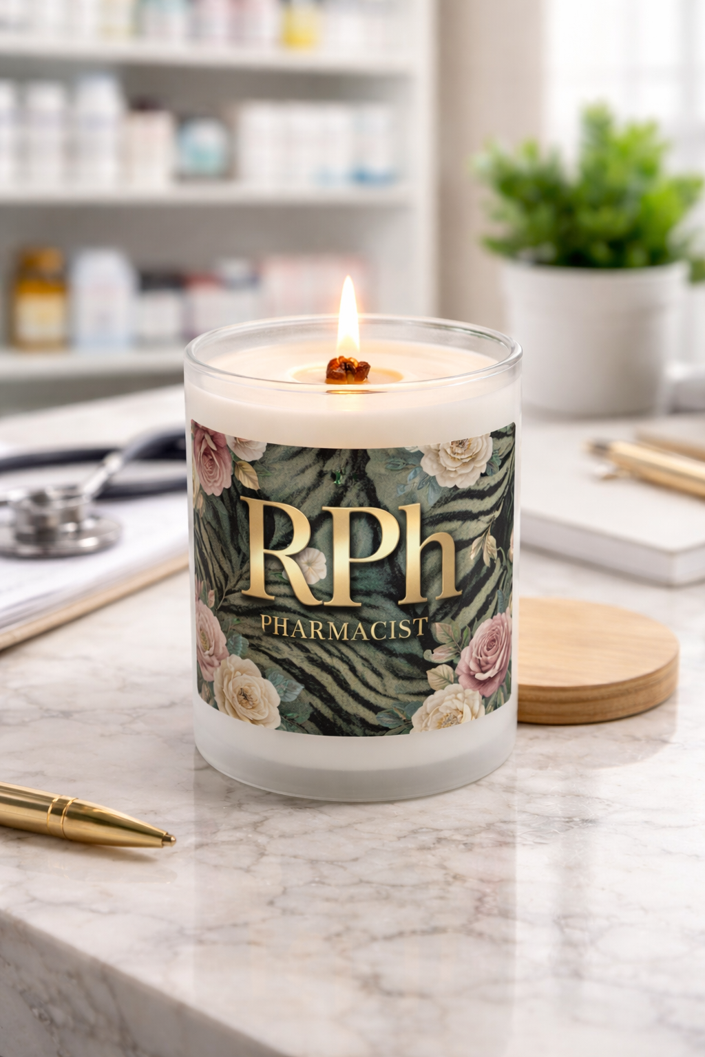 Pharmacist RPh Frosted Glass Candle — 11oz Decorative Gift
