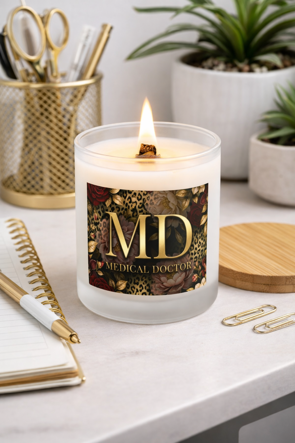 Medical Doctor Candle — Floral Leopard Frosted Glass Scented Candle (11 oz)