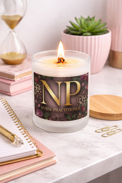 Nurse Practitioner Frosted Glass Candle — Elegant Leopard Floral 11oz