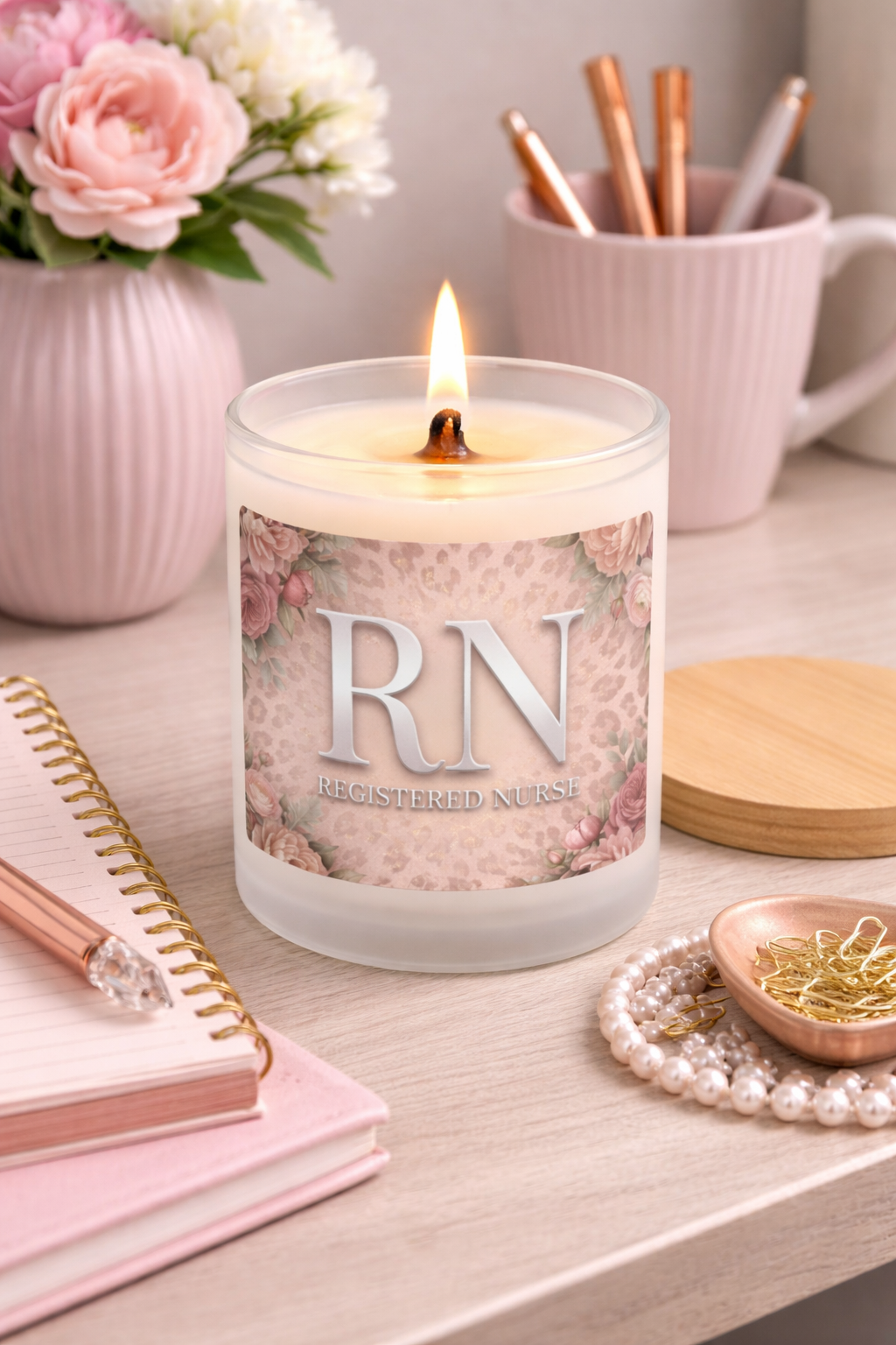 RN Registered Nurse Candle — Floral Leopard Frosted Glass 11oz