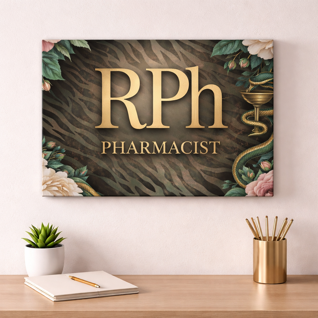 RPh Pharmacist Matte Canvas Wall Art — Elegant Zebra Floral Pharmacy Decor