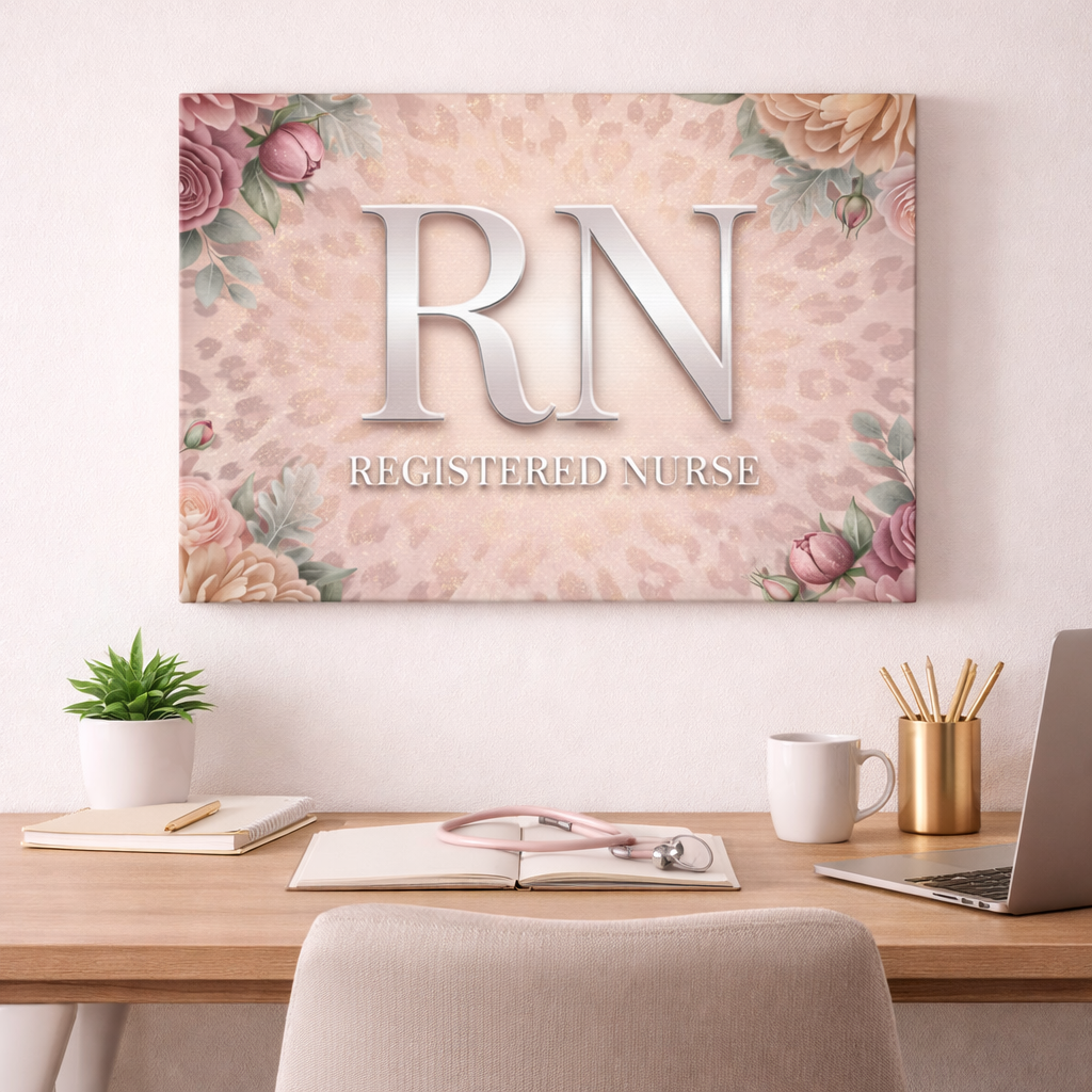 RN Registered Nurse Floral Canvas Wall Art — Pink Leopard Accent