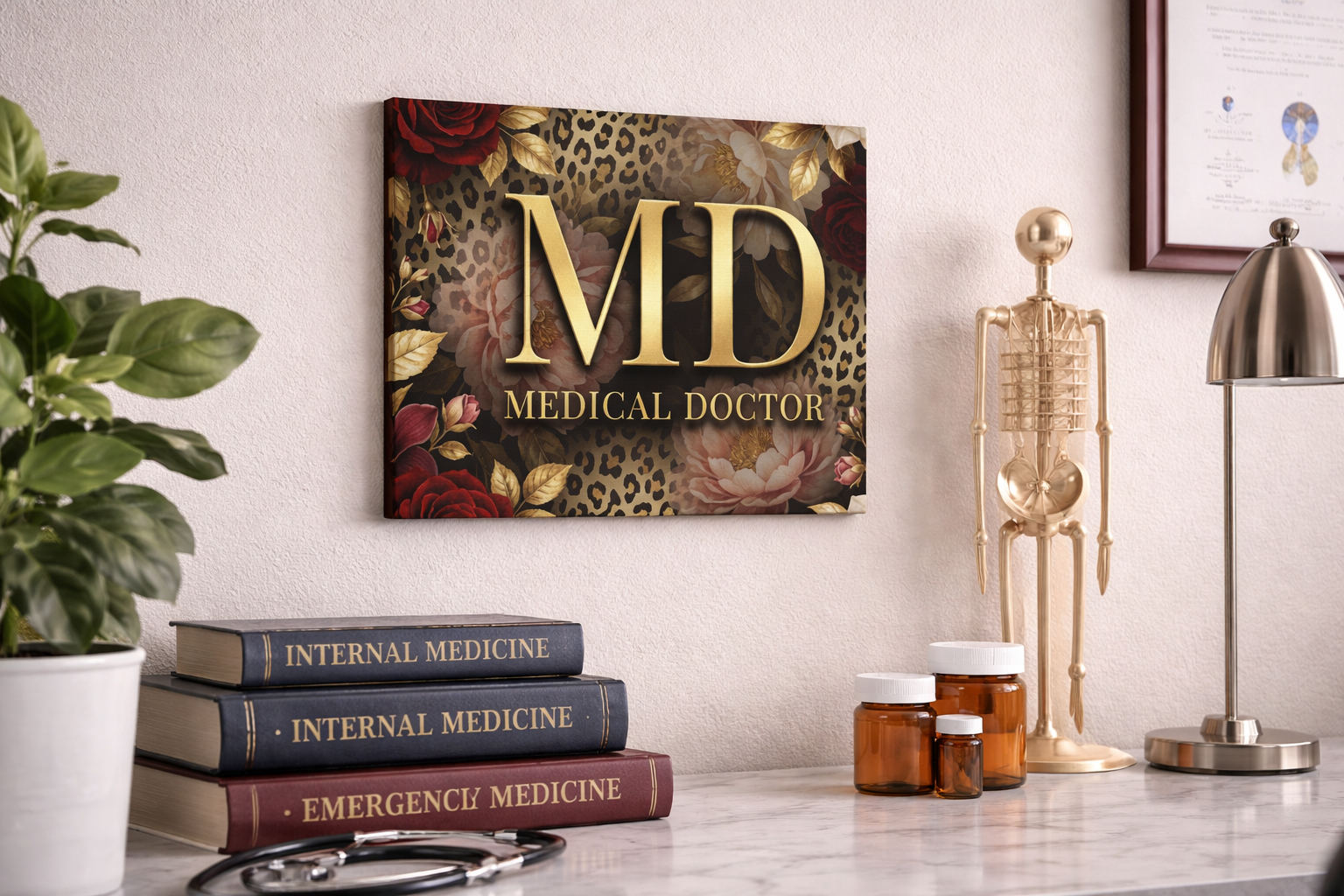 MD Medical Doctor Canvas Wall Art — Floral Leopard Print Matte Stretched Canvas
