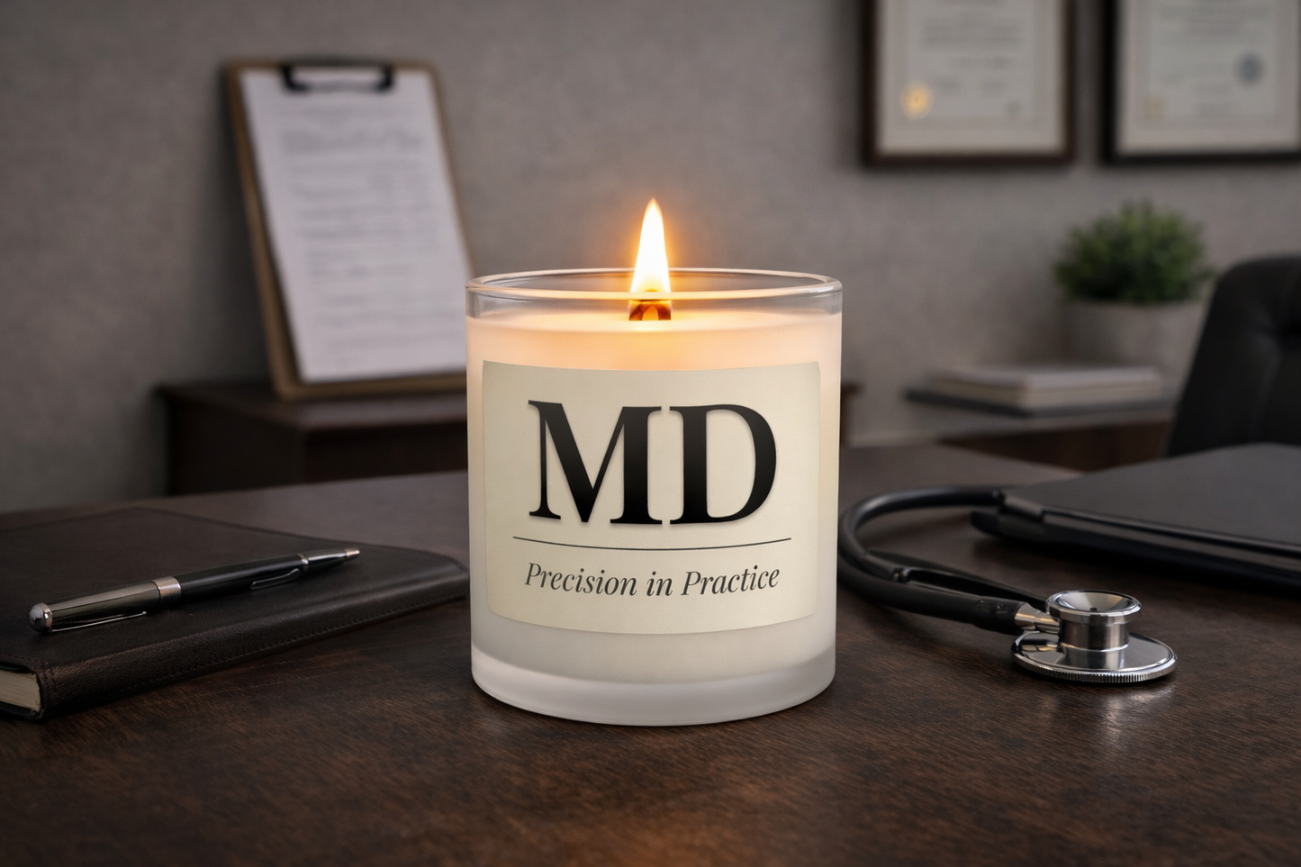 MD 'Precision in Practice' Frosted Glass Candle — 11oz Wooden Lid Scented Candle (Gift for Doctors & Medical Professionals)