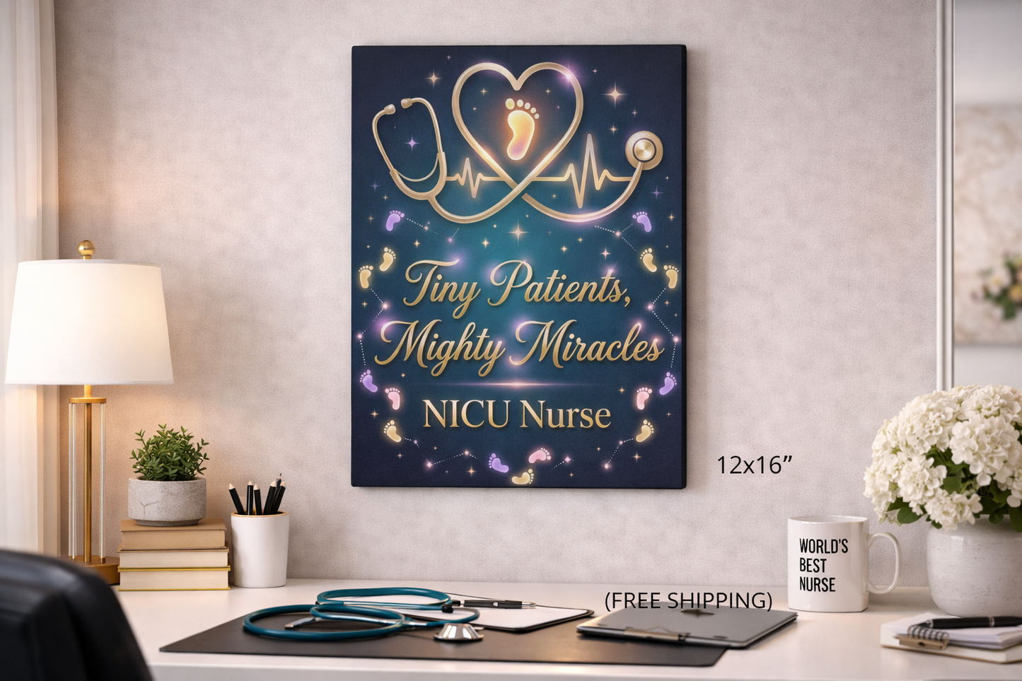 NICU Nurse Canvas Wall Art — "Tiny Patients, Mighty Miracles" Stethoscope & Baby Footprint Tribute