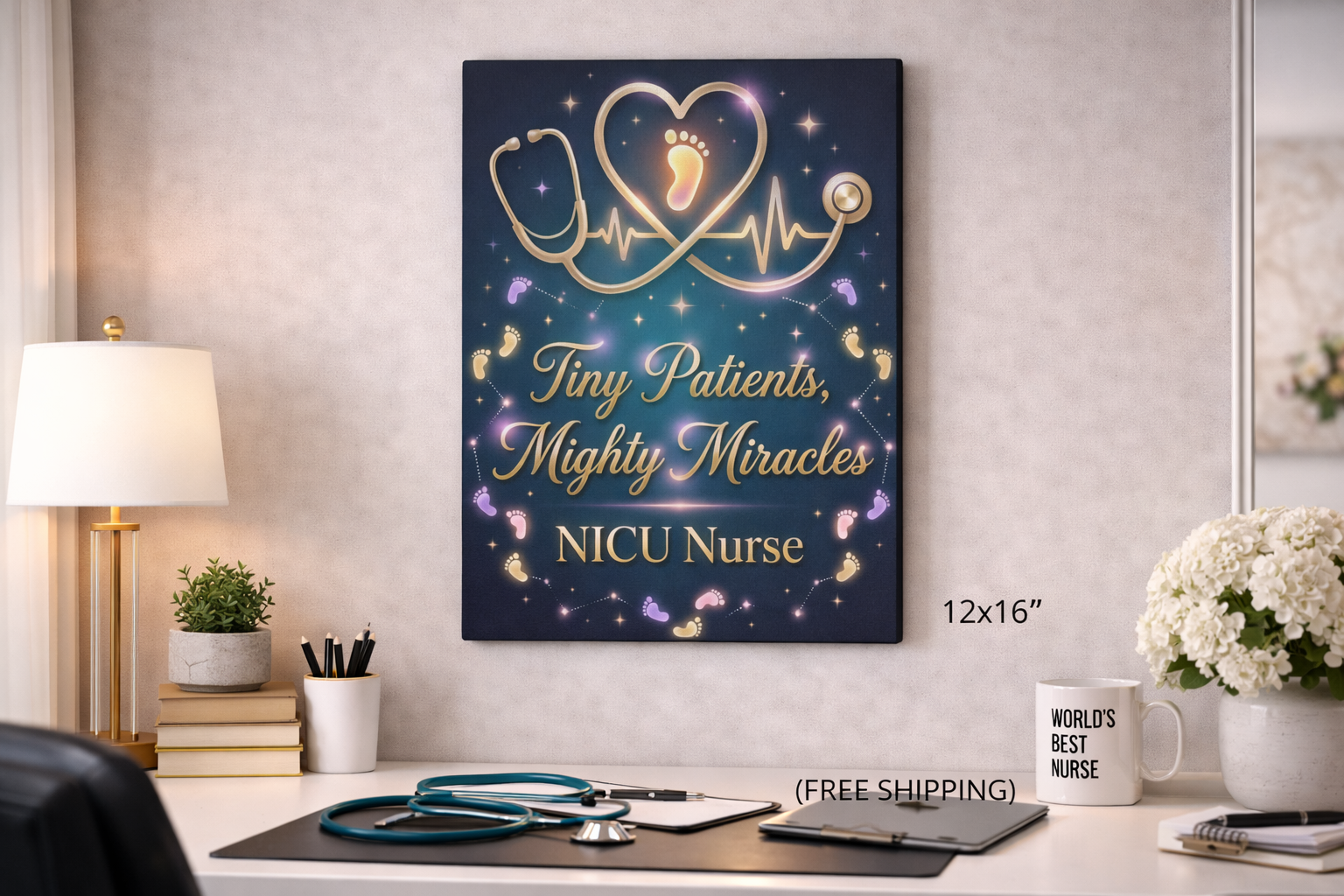 NICU Nurse Canvas Wall Art — "Tiny Patients, Mighty Miracles" Stethoscope & Baby Footprint Tribute