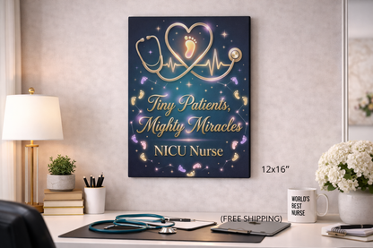 NICU Nurse Canvas Wall Art — "Tiny Patients, Mighty Miracles" Stethoscope & Baby Footprint Tribute