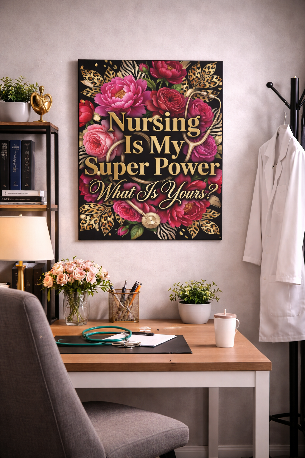 Nursing Is My Super Power Canvas Wall Art – Floral Stethoscope Tribute
