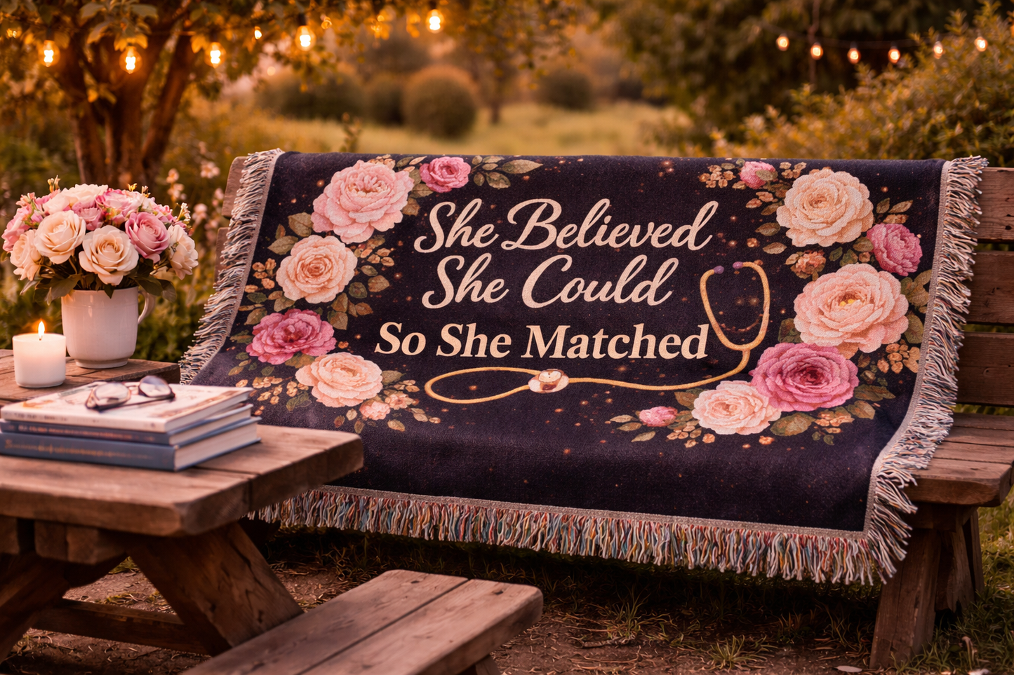 Woven Blanket: "She Believed She Could So She Matched" Floral Stethoscope Throw