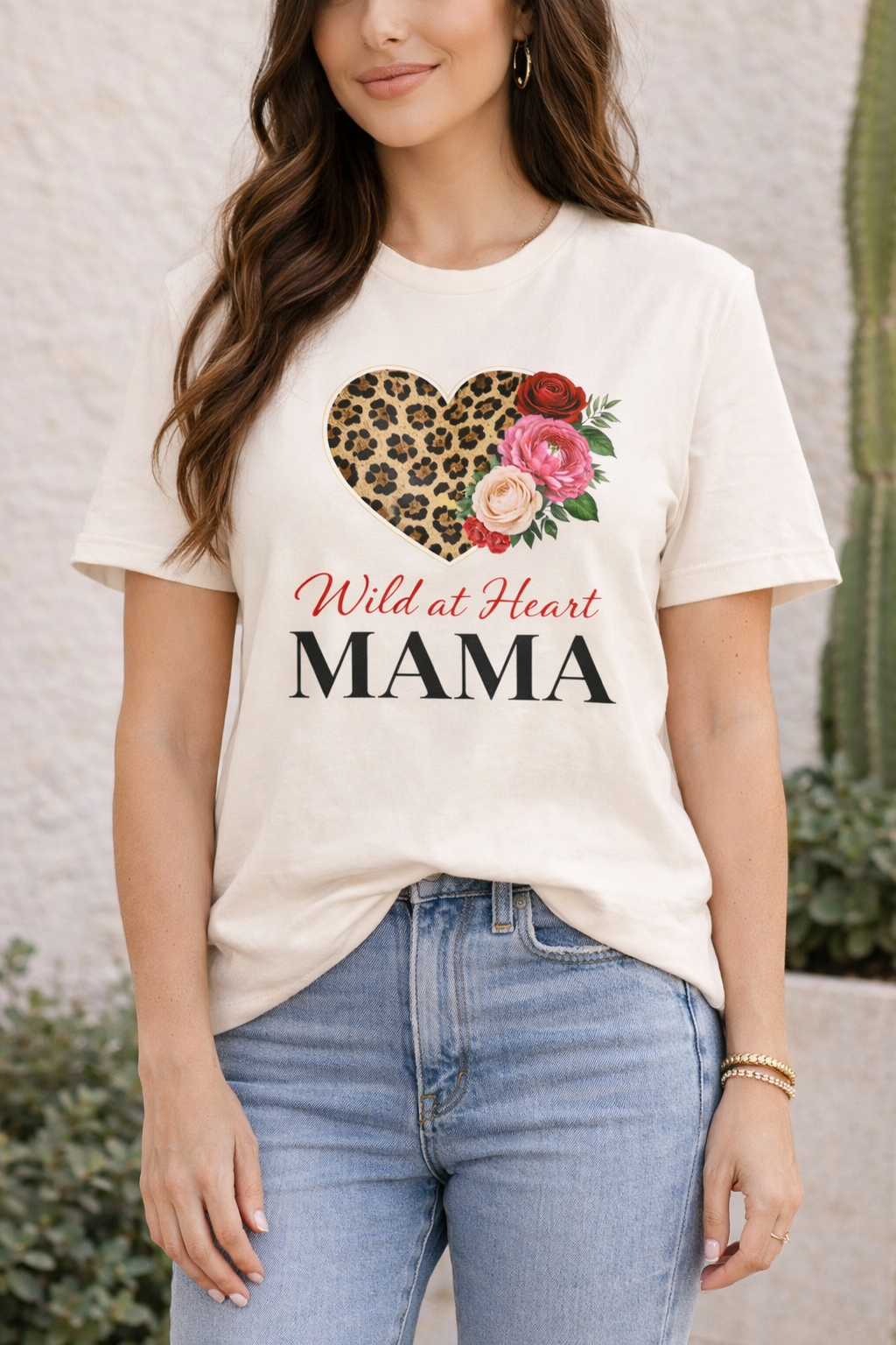 Mama Leopard Heart T-Shirt — "Wild at Heart" Floral Mom Tee