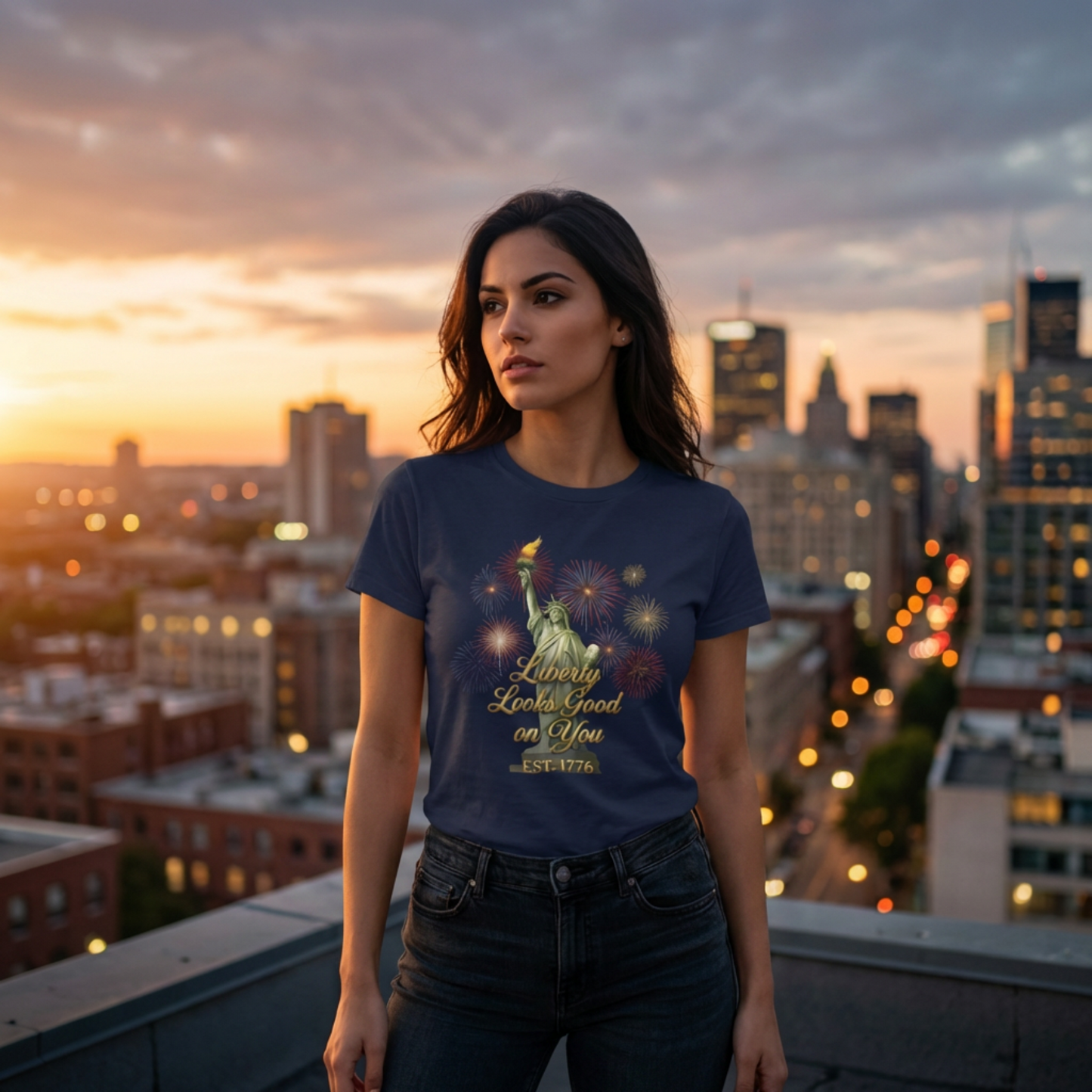 Liberty Looks Good on You T-Shirt — Statue of Liberty & Fireworks Semiquincentennial