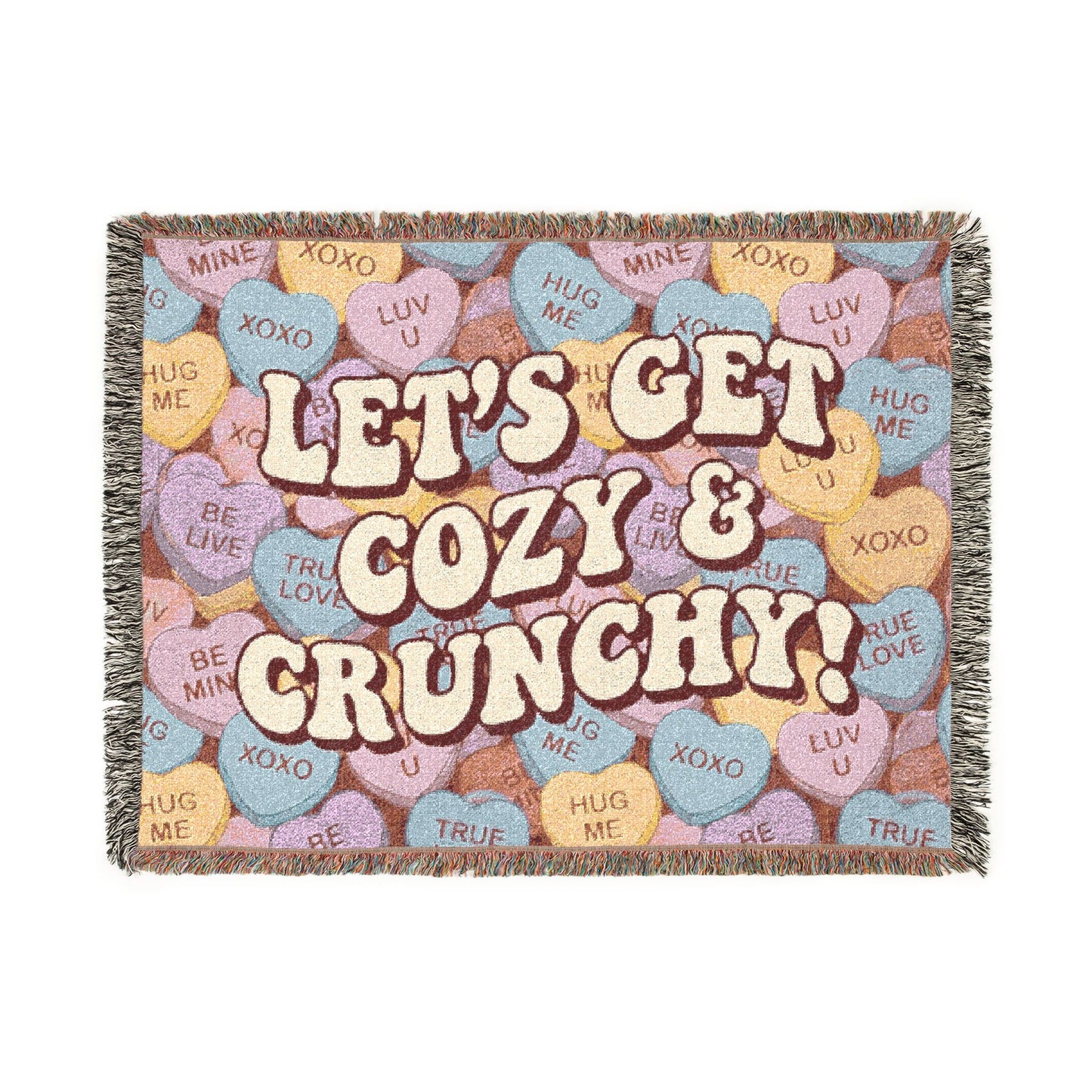 Let's Get Cozy & Crunchy Woven Blanket – Cute Candy-Heart Throw for Cozy Nights, Gifts & Valentine’s Decor