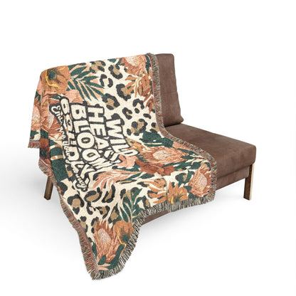 "Wild Heart Bloom Boldly" Floral Leopard Throw Blanket Woven Blanket