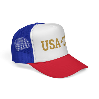USA 250 Trucker Cap — Gold Vintage Patriotic Mesh Hat