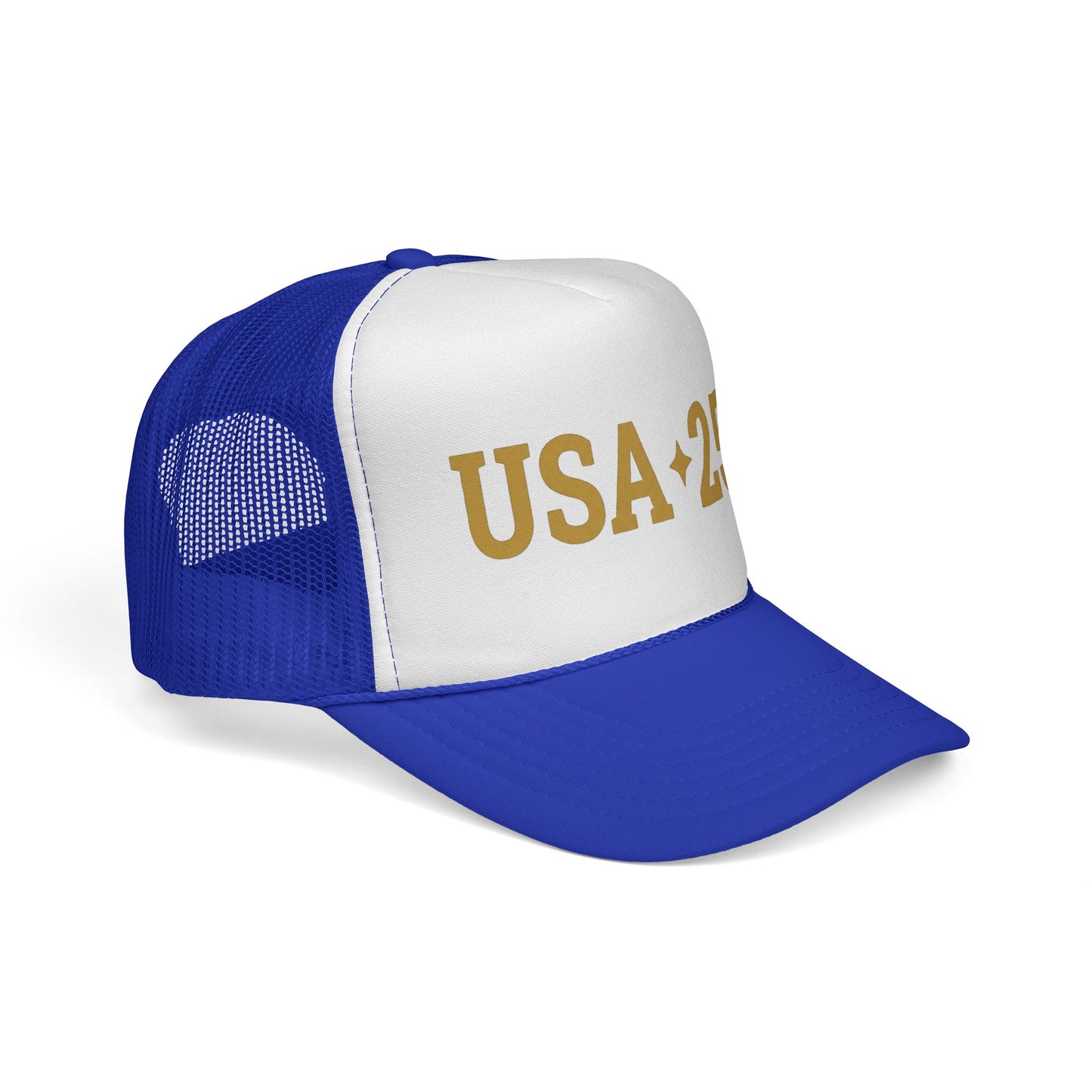 USA 250 Trucker Cap — Gold Vintage Patriotic Mesh Hat