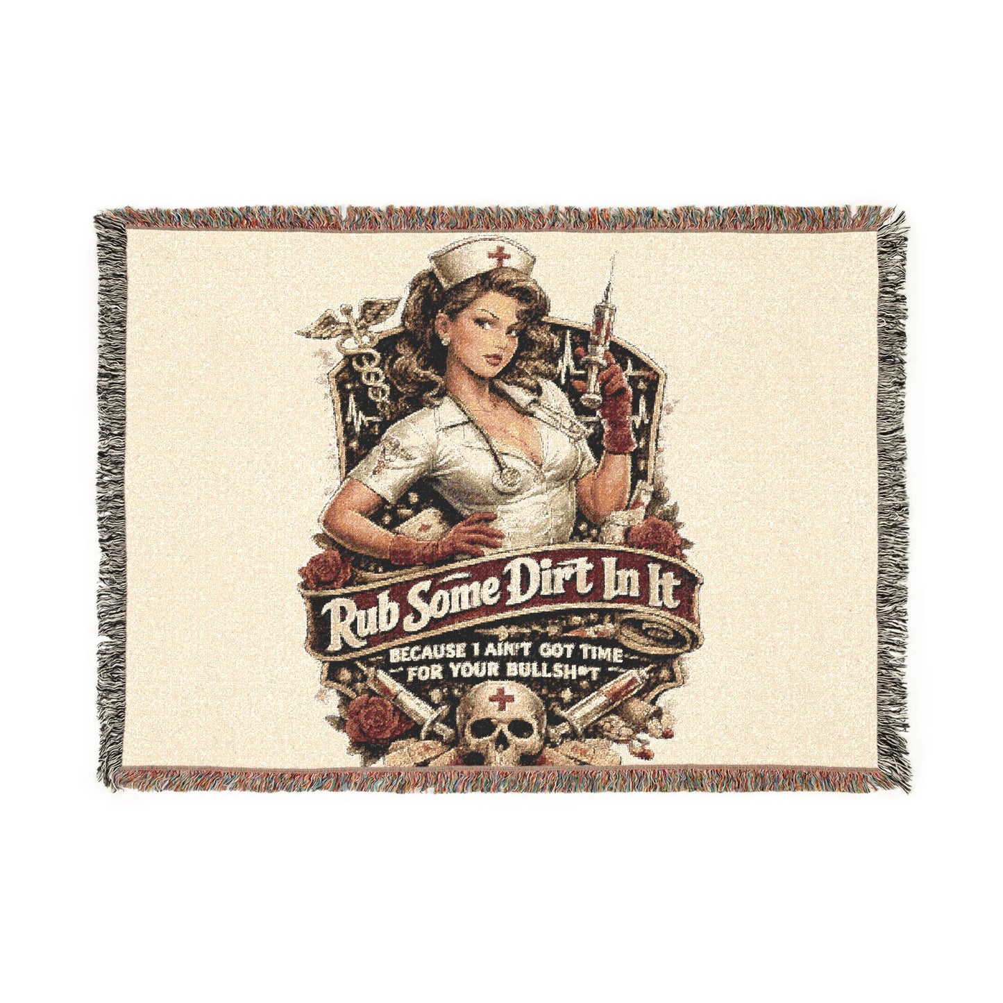 Nurse Pin-Up Woven Blanket — Retro Medical Patch Throw